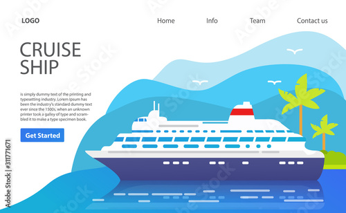  Cruise ship.Landing page template.Web page.Website template.Island with palm trees.Summer travel vacation.Flat vector.