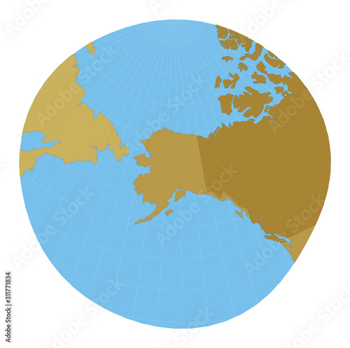 World Map. Modified stereographic projection for Alaska. Map of the world with meridians on blue background. Vector illustration.