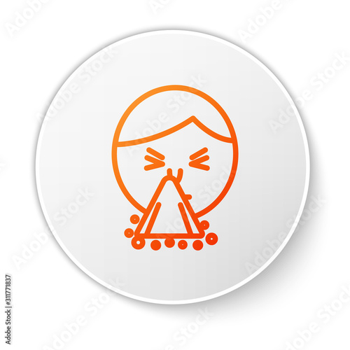 Orange line Man holding handkerchief or napkin to his runny nose icon isolated on white background. Coryza desease symptoms. White circle button. Vector Illustration
