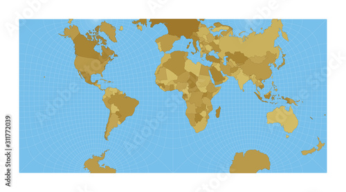 World Map. Guyou hemisphere-in-a-square projection. Map of the world with meridians on blue background. Vector illustration.