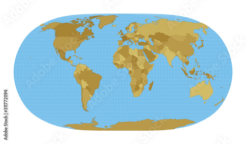 World Map. Natural Earth II projection. Map of the world with meridians on blue background. Vector illustration.