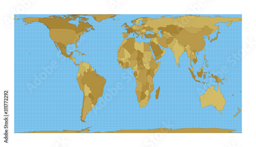 World Map. Cylindrical equal-area projection. Map of the world with meridians on blue background. Vector illustration.