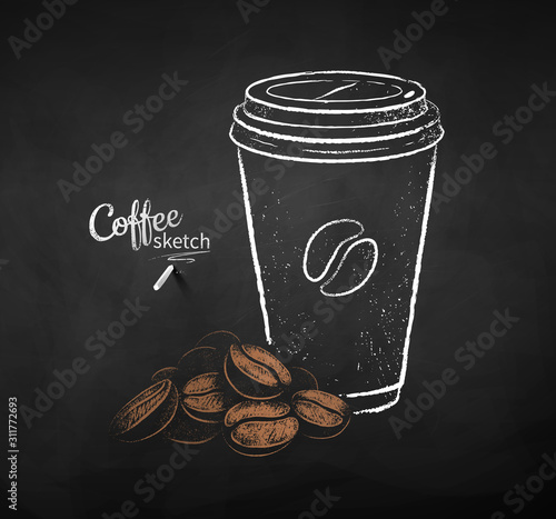 Set of coffee paper cup with pile of beans