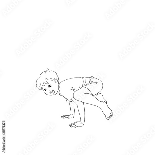 Kids Yoga - Joga f  r Kinder  Asana Kr  he  horizontal Banner Design Concept Cartoon. Junge barfu   in Yoga Haltung  macht fr  hliches Gesicht. Yogi Logo auf Hintergrund in wei  .
