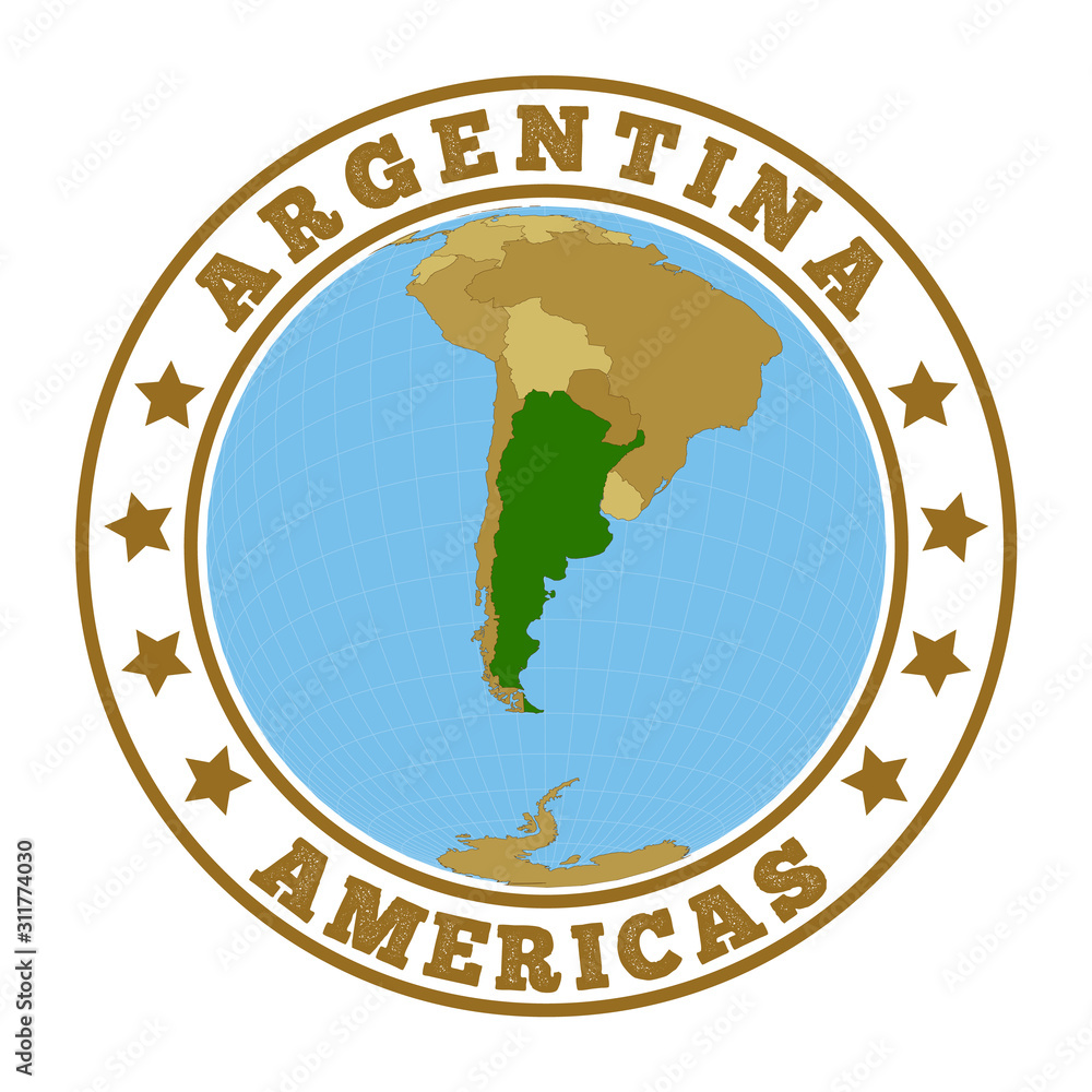 Argentina logo. Round badge of country with map of Argentina in world context. Country sticker stamp with globe map and round text. Vector illustration. Argentina logo. Round badge of country with map of Argentina in world context. Country sticker stamp with globe map and round text. Vector illustration.
