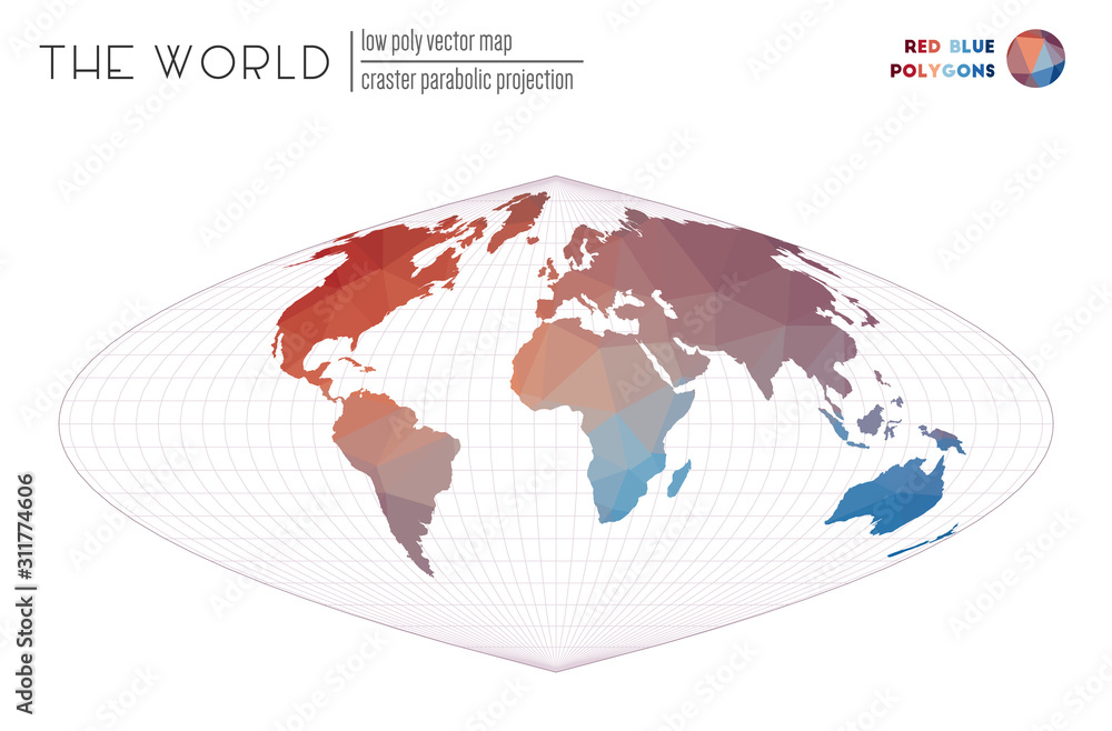 Polygonal world map. Craster parabolic projection of the world. Red and blue colored polygons. Amazing vector illustration. Polygonal world map. Craster parabolic projection of the world. Red and blue colored polygons. Amazing vector illustration.