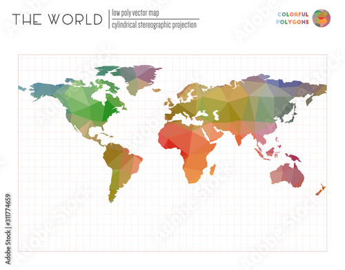 Polygonal world map. Cylindrical stereographic projection of the world. Colorful colored polygons. Trending vector illustration.