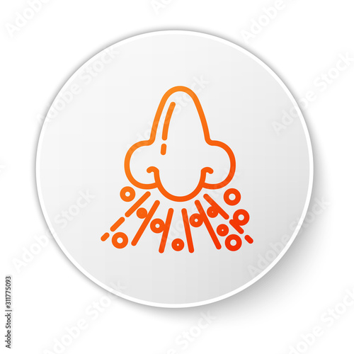 Orange line Runny nose icon isolated on white background. Rhinitis symptoms, treatment. Nose and sneezing. Nasal diseases. White circle button. Vector Illustration