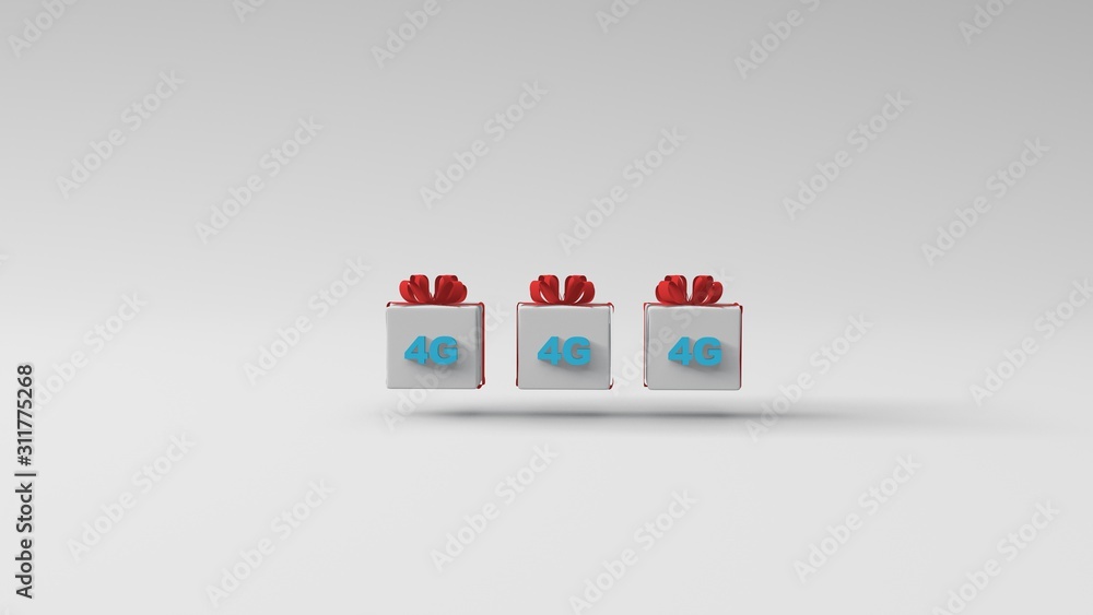 Obraz premium 3D rendered illustration with 4G internet speed representing sign on the floating present box wrapped in a red ribbon. Copy space left for your custom text.