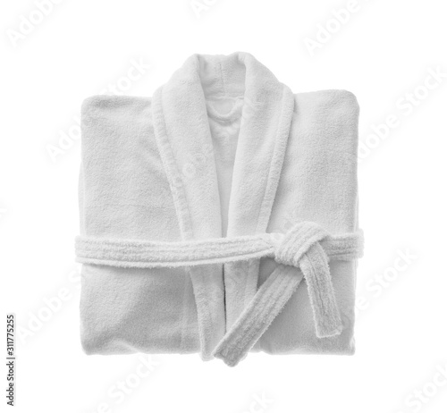 Clean folded bathrobe isolated on white, top view photo