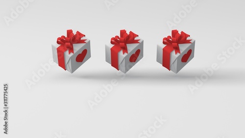 3d render of white box wrapped in a red ribbon with red hearts. White background.  Copy space for text. Valentines day presents, illustration.