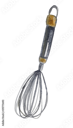 Watercolor kitchen whisk made of metal with decorative wooden inserts on a white background, for compositions on the theme of cooking, food, desserts.