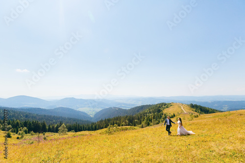 meadow with green grass on top of the mountain and newlyweds who © Ivan