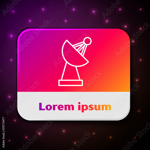 White line Radar icon isolated on black background. Search system. Satellite sign. Rectangle color button. Vector Illustration