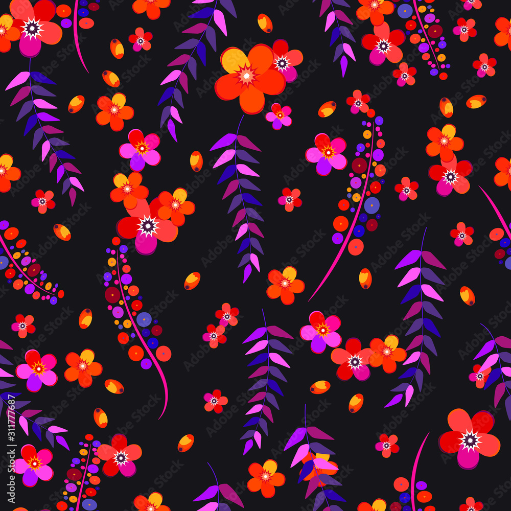Vector floral ethnic seamless pattern in doodle style with flowers and leaves.  leaves and flowers.  Autumn background