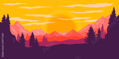 Poster template with wild mountains landscape. Design element for banner, flyer, card. Vector illustration