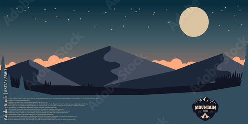 Poster template with wild mountains landscape. Design element for banner, flyer, card. Vector illustration