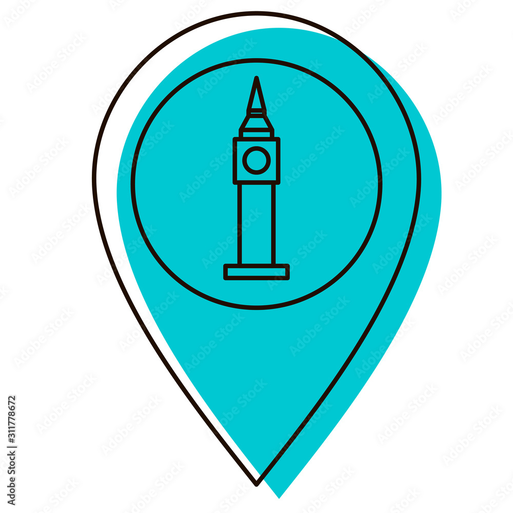 Big Ben in London on the map. Location for tourism. Historical memory. Famous place. Navigation in the city. Design element. Vector illustration. Icon with shadow isolated on white background. Big Ben in London on the map. Location for tourism. Historical memory. Famous place. Navigation in the city. Design element. Vector illustration. Icon with shadow isolated on white background.