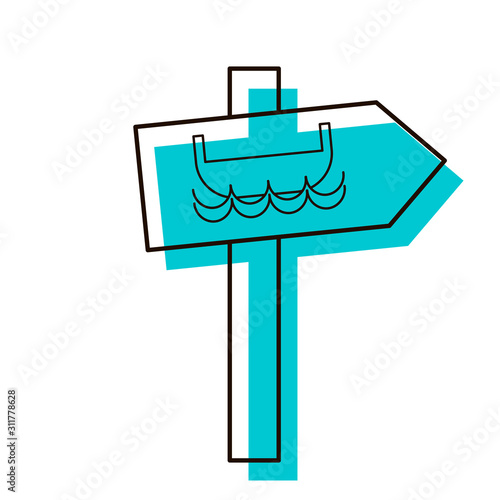 Ferryboat direction arrow. Navigation object for tourists. Design element. Vector illustration. Icon with shadow isolated on white background.