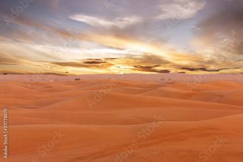 Sand desert sunset natural landscape view, United Arab Emirates, Dubai.