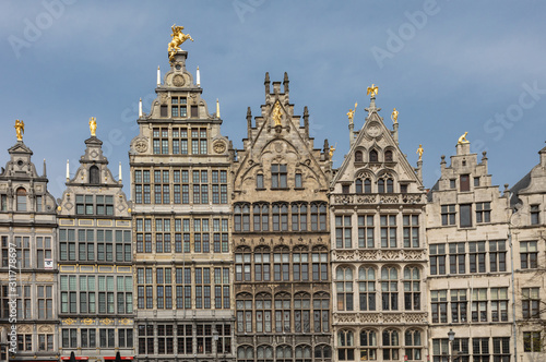 A Row of Famous Antwerp historic building in city center are main landmark of the city and Belgium.