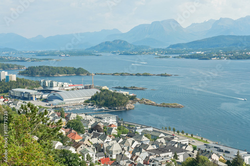 Alesund town panoramic sea landscape view, Norway. Art Nouveau style houses.