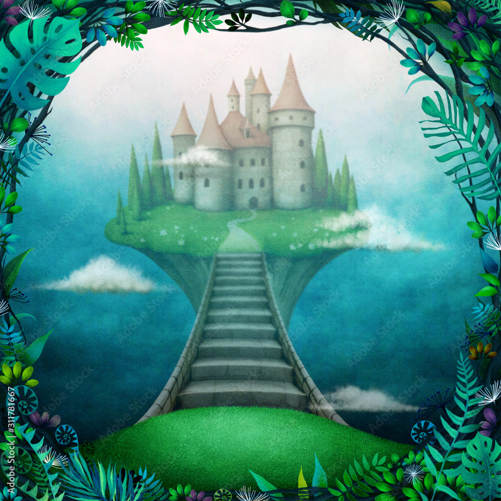Fototapeta Koncepcyjne magiczne tło z zamku w chmurach na małej wyspie