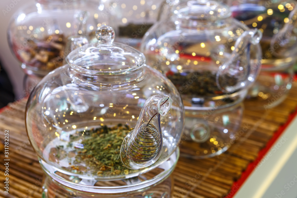 Transparent glass teapots with loose-leaf tea Transparent glass teapots with loose-leaf tea
