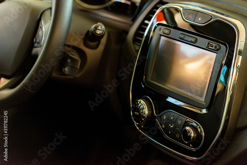 Multimedia system of modern car close up view