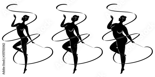 Collection. Silhouette of a cute lady, she is engaged in rhythmic gymnastics with a ribbon. The woman is overweight and slender girl athlete. Vector illustration set