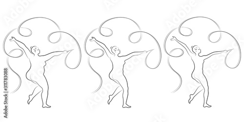 Collection. Silhouette of a cute lady, she is engaged in rhythmic gymnastics with a ribbon. The woman is overweight and slender girl athlete. Vector illustration set