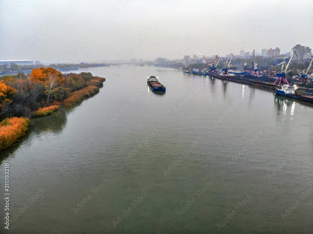 Fototapeta premium View of river port in Rostov-on-Don in autumn taken by drone