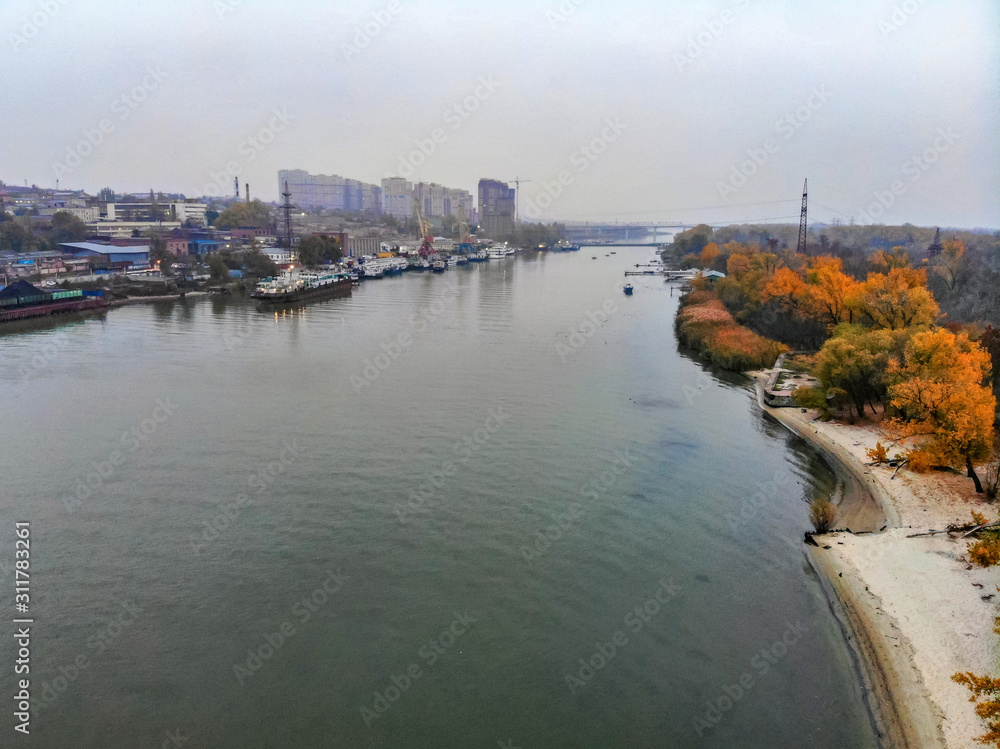 View of river port in Rostov-on-Don in autumn taken by drone
