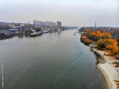 View of river port in Rostov-on-Don in autumn taken by drone © Yakov
