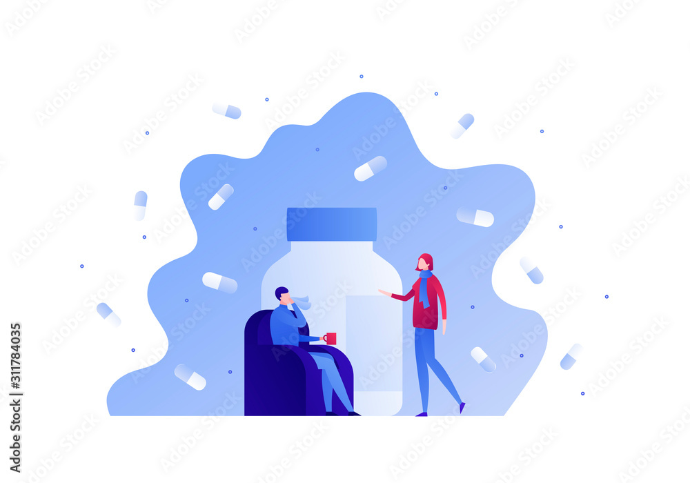 Flu illness concept. Vector flat person illustration. Ill man in sofa with hot drink and female medical bottle of pill. Design elements for medicine banner, poster, background, web, infographic. Flu illness concept. Vector flat person illustration. Ill man in sofa with hot drink and female medical bottle of pill. Design elements for medicine banner, poster, background, web, infographic.
