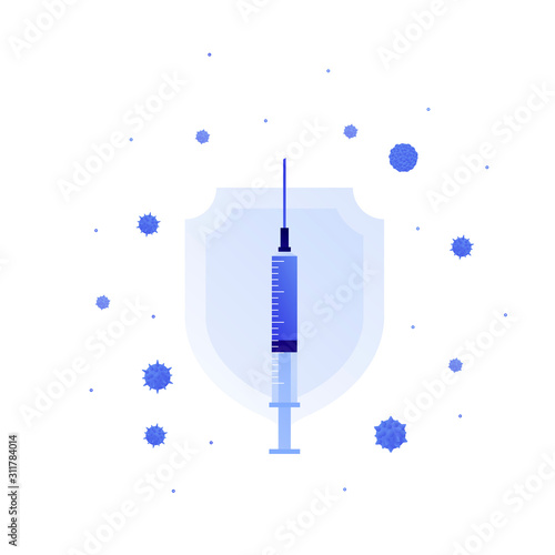 Vaccination medicine concept. Vector flat illustration. Virus sign, blue shield and syringe with vaccine isolated on white. Design element for banner, poster, background, web, healthcare infographic.