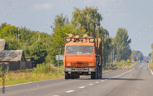 Timber truck with a forest rides on the highway with cargo