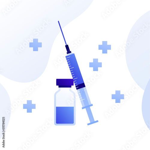 Vaccination medicine concept. Vector flat illustration. Syringe and bottle with vaccine, blue cross sign isolated on white. Design element for banner, poster, background, web, healthcare infographic.