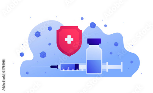 Vaccination medicine concept. Vector flat illustration. Syringe and bottle with vaccine, virus sign, red shield with cross. Design element for banner, poster, background, web, healthcare infographic.