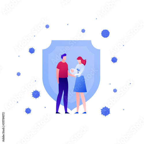 Vaccination healthcare concept. Vector flat people illustration. Parents holding baby and shield virus protection on white. Design element for medicine banner, poster, background, web, infographic.