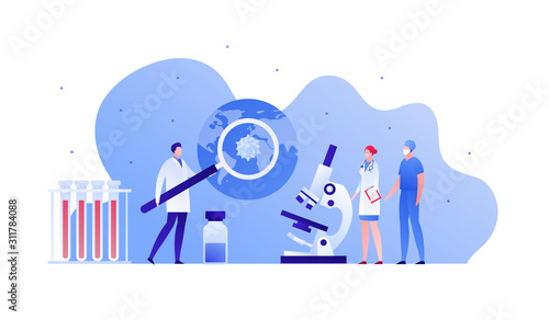 Infection study concept. Vector flat person illustration. Doctor team with microscope and blood vial study virus on planet. Design element for medicine banner, poster, background, web, infographic.