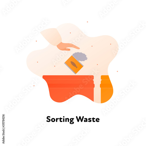 Sorting waste metal ecology concept. Vector flat llustration. Red trash bin with with hand dropping tin can isolated on white. Design element for banner, poster, background, web, infographic