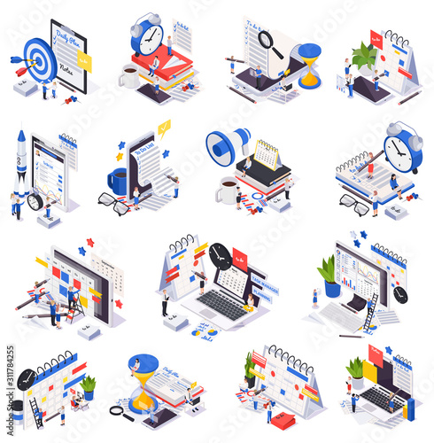 Isometric Time Management Planning Schedule Icon Set