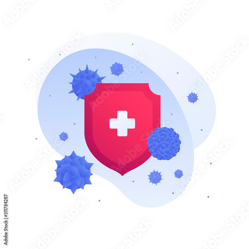 Vaccination medicine concept. Vector flat illustration. Virus sign, red shield and white cross. Design element for vaccine banner, poster, background, web, healthcare infographic.