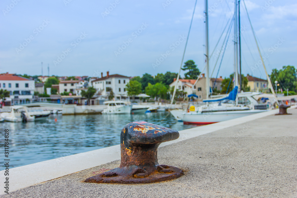 Njivice, Croatia / 22nd June 2019: Dock Bollard in Njivice marina Krk island Njivice, Croatia / 22nd June 2019: Dock Bollard in Njivice marina Krk island