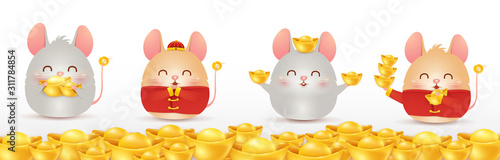 Happy Chinese New year of the rat. Zodiac symbol of the year 2020. Four little cartoon rats character with chinese gold ingot isolated. design greeting for invitation, posters, brochure, banners.