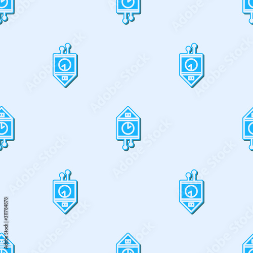 Blue line Retro wall watch icon isolated seamless pattern on grey background. Cuckoo clock sign. Antique pendulum clock.  Vector Illustration