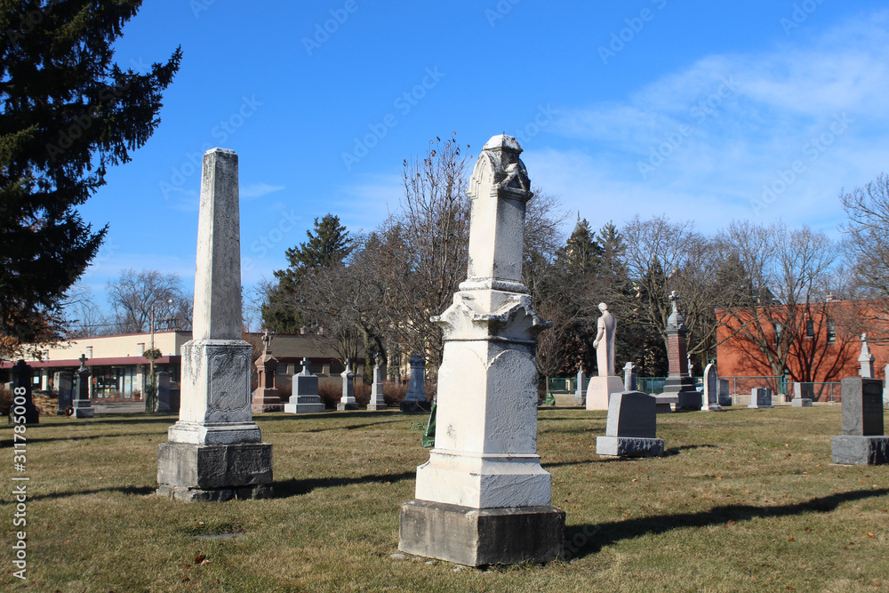 Obelisk gravestones at a small suburban Chicago cemetery