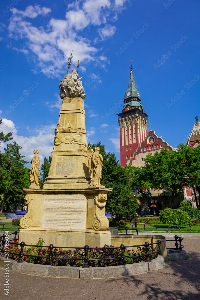 Fototapeta premium Subotica, Serbia / 3rd July 2019: View on fountain, Korzo and City Hall built in Art-Nouveau style