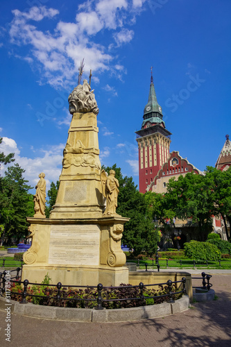 Subotica, Serbia / 3rd July 2019: View on fountain, Korzo and City Hall built in Art-Nouveau style